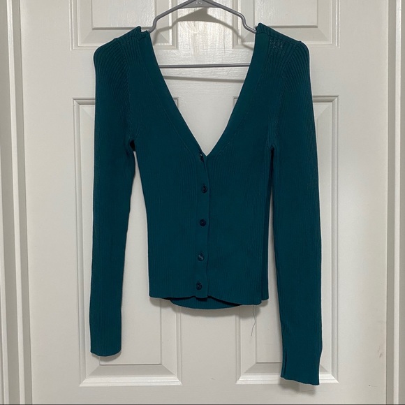 Leith V-Neck Reversible Cardigan Teal Sweater - Picture 2 of 9